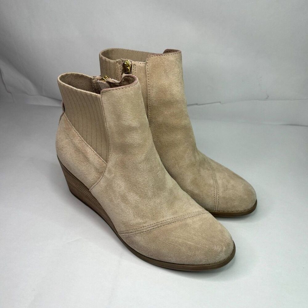 Toms Sadie Suede Sand Wedge Ankle Booties Round Toe Zip Womens Designer